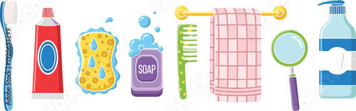 Personal hygiene grooming items silhouette illustration vector with toothbrush toothpaste soap comb towel magnifying glass bottle, daily care graphics, black and white creative art collection