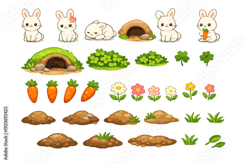Cute bunnies interact with their environment in a bright garden scene featuring carrots and plants