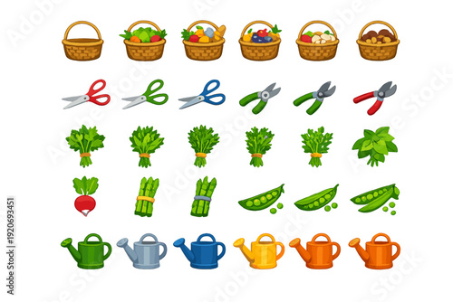 Displays of various gardening tools and baskets filled with fresh produce in a colorful arrangement on a white background