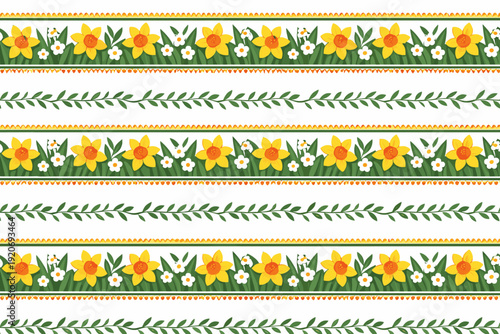 Colorful floral pattern with daffodils and greenery on a white background designed for craft projects and decorations