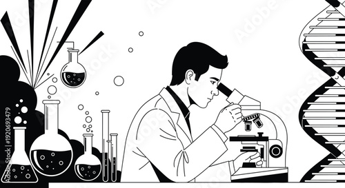 Scientist laboratory silhouette illustration vector with microscope DNA helix and glassware, research biology chemistry graphics, science experiment design concept, 