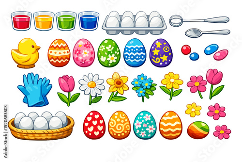 Colorful Easter eggs and decorations for holiday celebrations with artistic supplies and floral items on a white background