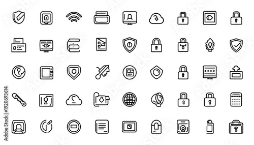 Cyber security and data protection outline icon pack, linear editable stroke safety symbols