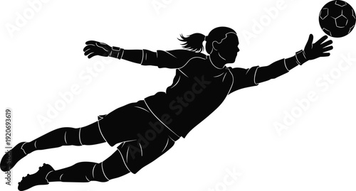 Soccer goalkeeper silhouette illustration vector diving mid-air with ponytail to block ball, sports athlete graphics, dynamic motion design concept, black and white creative art collection