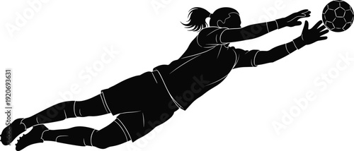 Soccer goalkeeper silhouette illustration vector diving mid-air to block ball, sports athlete graphics, dynamic motion design concept, black and white creative art collection