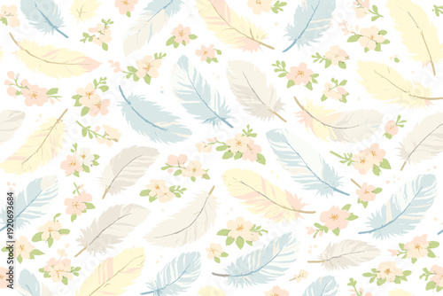 Pattern of feathers and flowers in soft colors on a light background