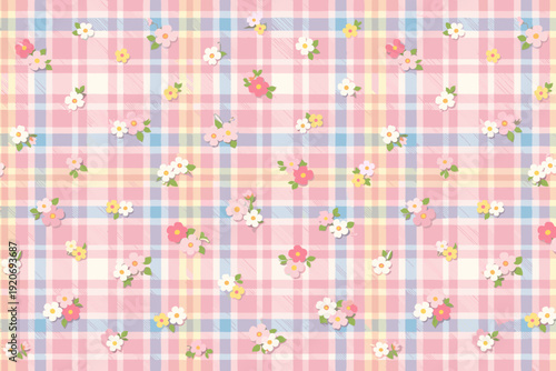 Colorful floral pattern on checkered fabric in pastel shades during daytime