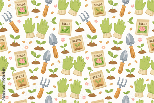 Gardening tools and seeds are shown on a white background with plants, gloves, and shovels for spring activities