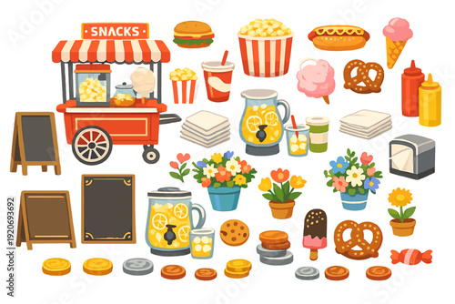 Colorful snack cart with various food items and decorations at a fair or carnival setting in a bright environment