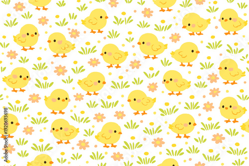 Colorful pattern of yellow chicks and flowers in a bright setting with grass and small dots