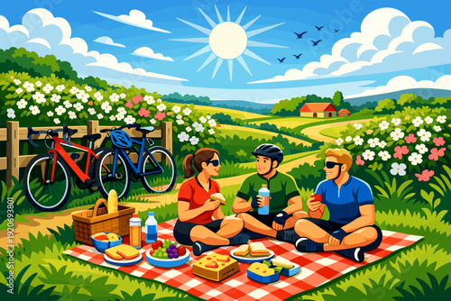 Friends enjoy a picnic on a sunny day in a countryside setting with bicycles nearby and colorful flowers around