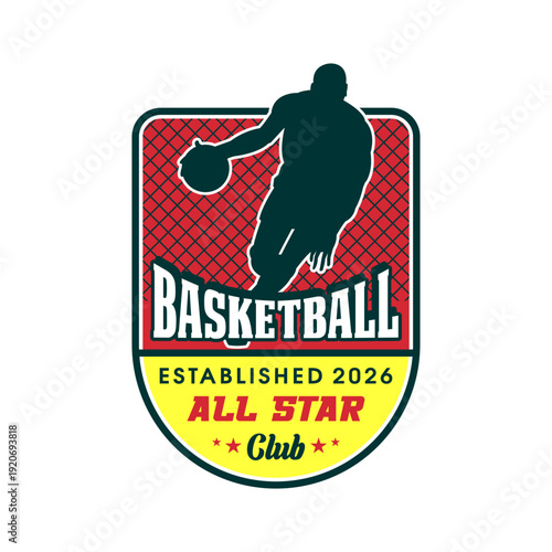 All Star Basketball Club Emblem with Player Silhouette Vector Design