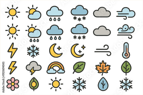 Weather icons showing different conditions like sun, rain, snow, and wind in a simple layout for easy understanding of weather patterns