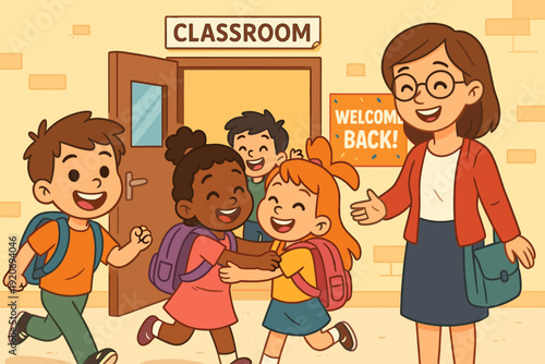 Children greet their teacher and friends while entering the classroom on the first day of school in a bright setting