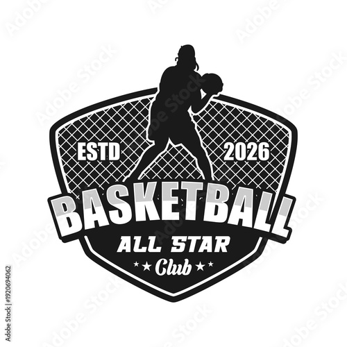 All Star Basketball Club Emblem with Player Silhouette Black white Vector Design 