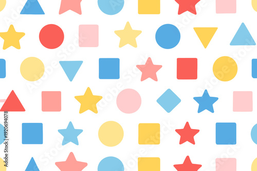 Colorful shapes create a bright pattern on a white background suitable for children's activities and learning materials