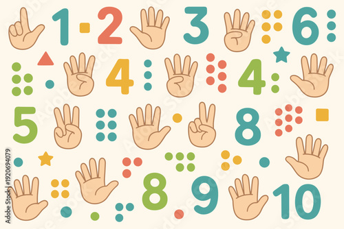 Counting numbers from one to ten with hand symbols and shapes on a light background for learning purposes in a classroom setting