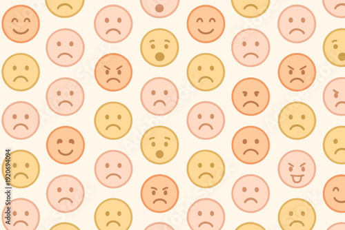 Different facial expressions shown in a pattern on a light background with various reactions and emotions displayed by facial symbols