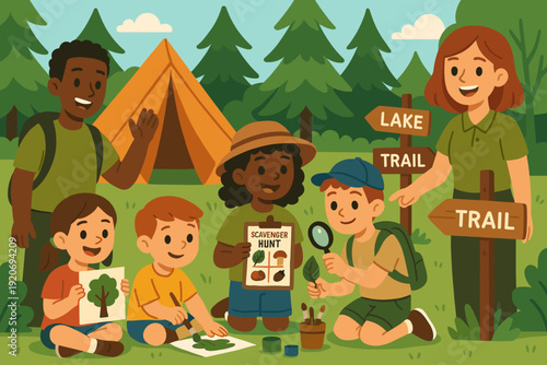 Group of children and adults participating in a scavenger hunt in a forest during a sunny day near the campsite