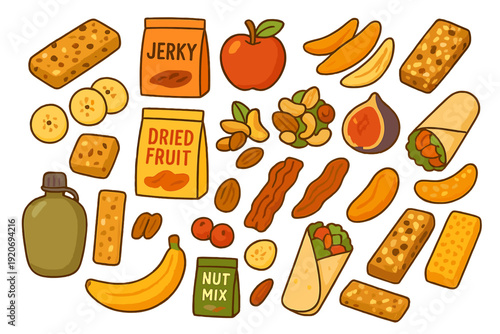 Snack collection with jerky, dried fruit, nuts, and fresh fruit on a white background