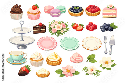 Dessert display featuring cakes, pastries, and other sweets arranged on platters and plates in a bright setting