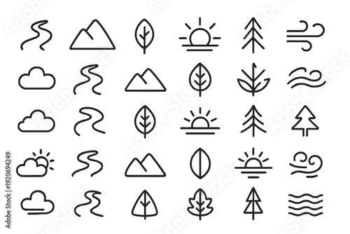 Shapes of nature represented in simple line drawings showing mountains, trees, clouds, and waves in different arrangements