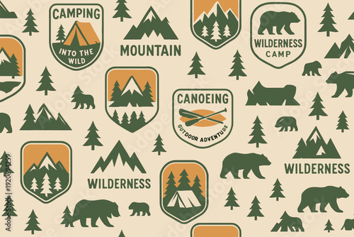 Design featuring camping, canoeing, mountains, and bears in a wilderness theme for outdoor adventure lovers