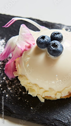 Elegant white chocolate mousse dome dessert topped with fresh blueberries and a floral petal