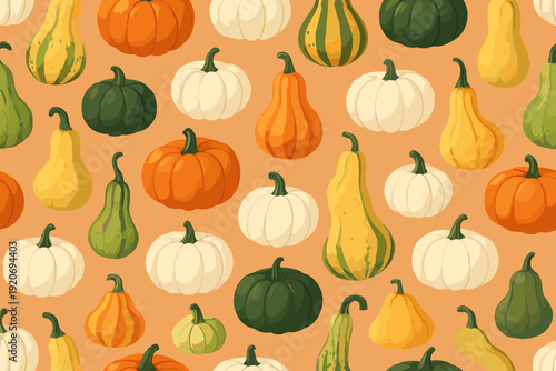 Colorful pumpkins and gourds displayed on a light background during autumn season for harvest celebration
