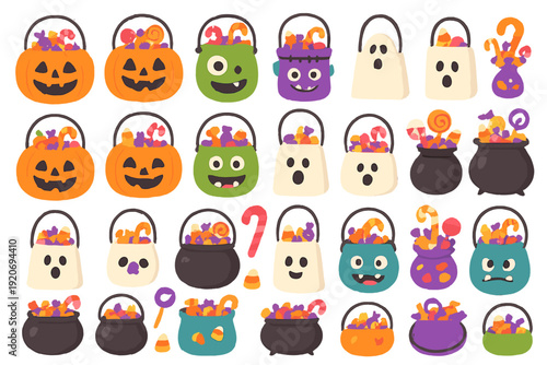 Halloween decorations with candy buckets and spooky characters in various colors and shapes during festive celebration