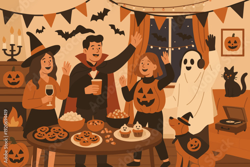 Friends celebrate Halloween in a decorated living room with snacks and costumes