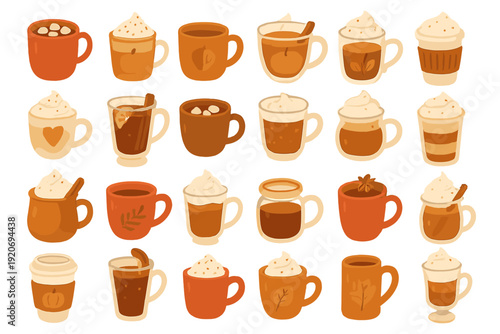 Various types of warm drinks in different cups on a white background
