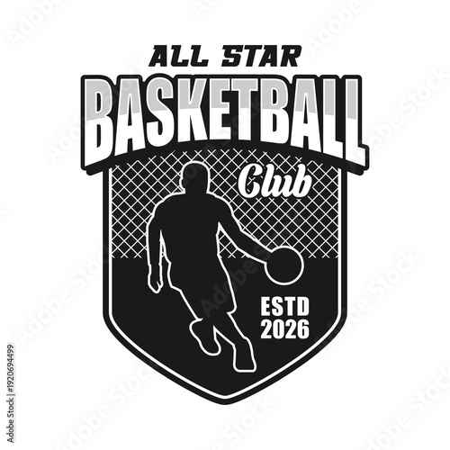 All Star Basketball Club Emblem with Player Silhouette Black white Vector Design 
