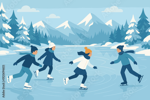 People skate on a frozen lake surrounded by mountains and trees during winter