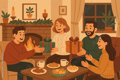 Friends gather to exchange gifts and enjoy snacks during a cozy winter evening at home