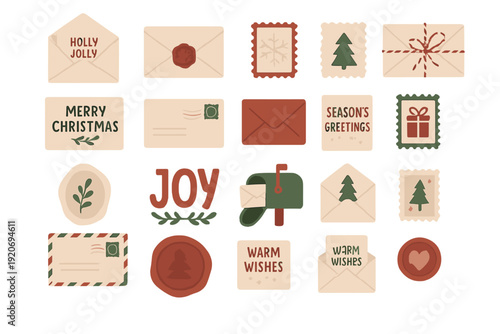 Holiday cards and envelopes laid out on a flat surface with festive designs and messages for joyful celebrations