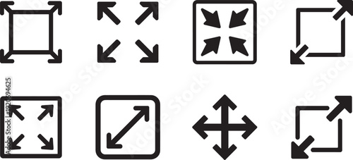 Resize icon set in multiple styles for UI, web, and app scaling tools. Editable vector EPS files pack.