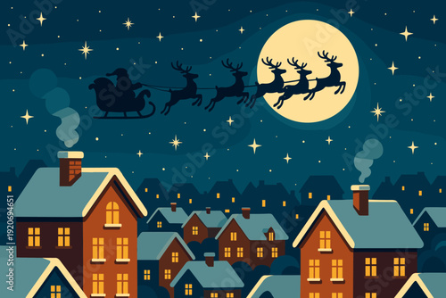 Santa Claus flies over town in a sleigh pulled by reindeer during the night under a full moon and starry sky in winter
