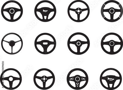 Car steering wheel icon set, isolated on white background. Editable vector EPS for UI and design.