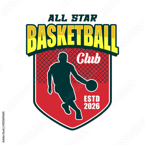 All Star Basketball Club Emblem with Player Silhouette Vector Design