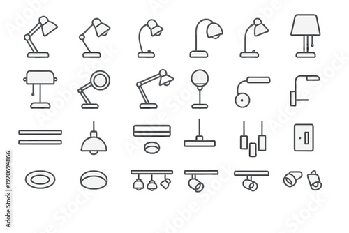 Different types of lamps and light fixtures arranged in a grid pattern, showcasing a variety of designs and styles for home and office use