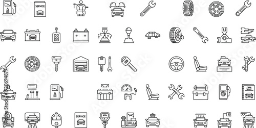 Car Service and Auto Repair Line Icon Set with Maintenance Tools, Tire Change, Battery, Garage Equipment and Vehicle Inspection Vector Collection