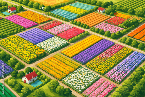 Flower fields bloom in colors at a farm showing rows of flowers and trees during the day with houses in the background