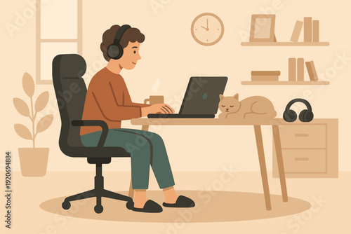 Man works on laptop while sitting at desk with cat and cup in cozy home office