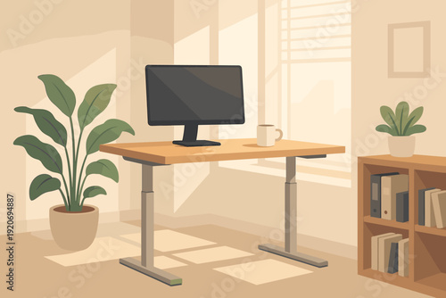 Workspace setup with computer and plants in bright room during daylight hours