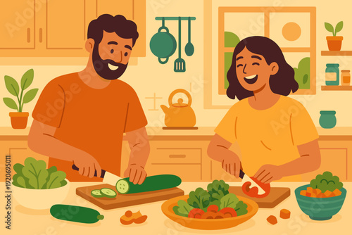Two people cook together in a kitchen while preparing vegetables and sharing smiles during a sunny day