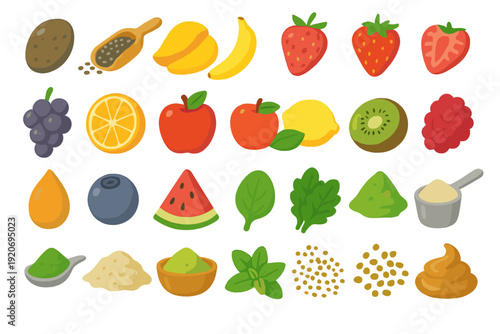 Variety of fruits and vegetables arranged in a colorful pattern with spices and herbs on a white background