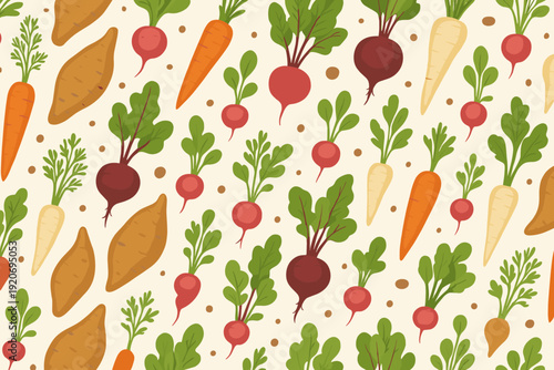 Colorful pattern of various vegetables with roots and greens on a light background
