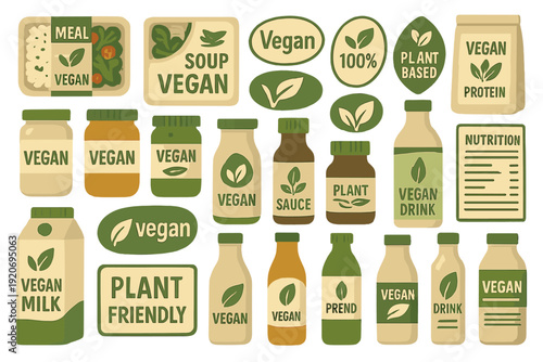 Vegan food items and drinks displayed on a simple background for plant-based diet choices