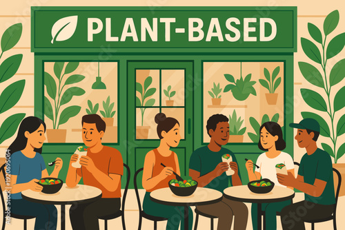 Group of friends enjoying plant-based meals outside a cafe with green decor and plants in the background around midday